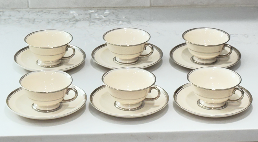 Vintage 50's Franciscan Huntington Coffee Cups and Saucers Set of 6 Platinum MCM